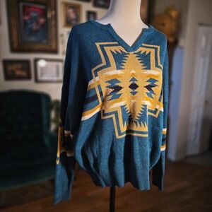 Pendleton Southwestern Tribal Pullover Sweater‎ Teal V Neck Wool Blend NWT L